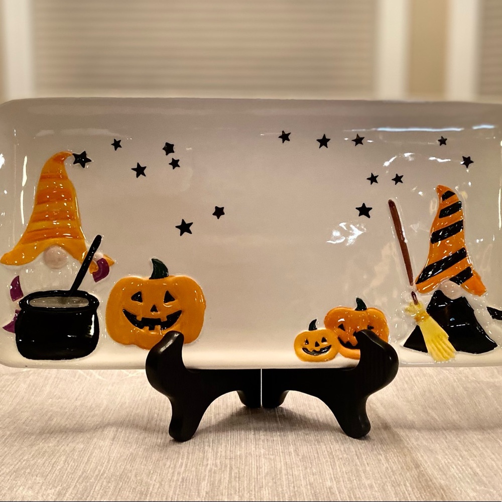 Halloween Gnome Platter, Witch Gnomes Jack-O-Lanterns Cauldrens Ceramic Platter - Picture 3 of 13